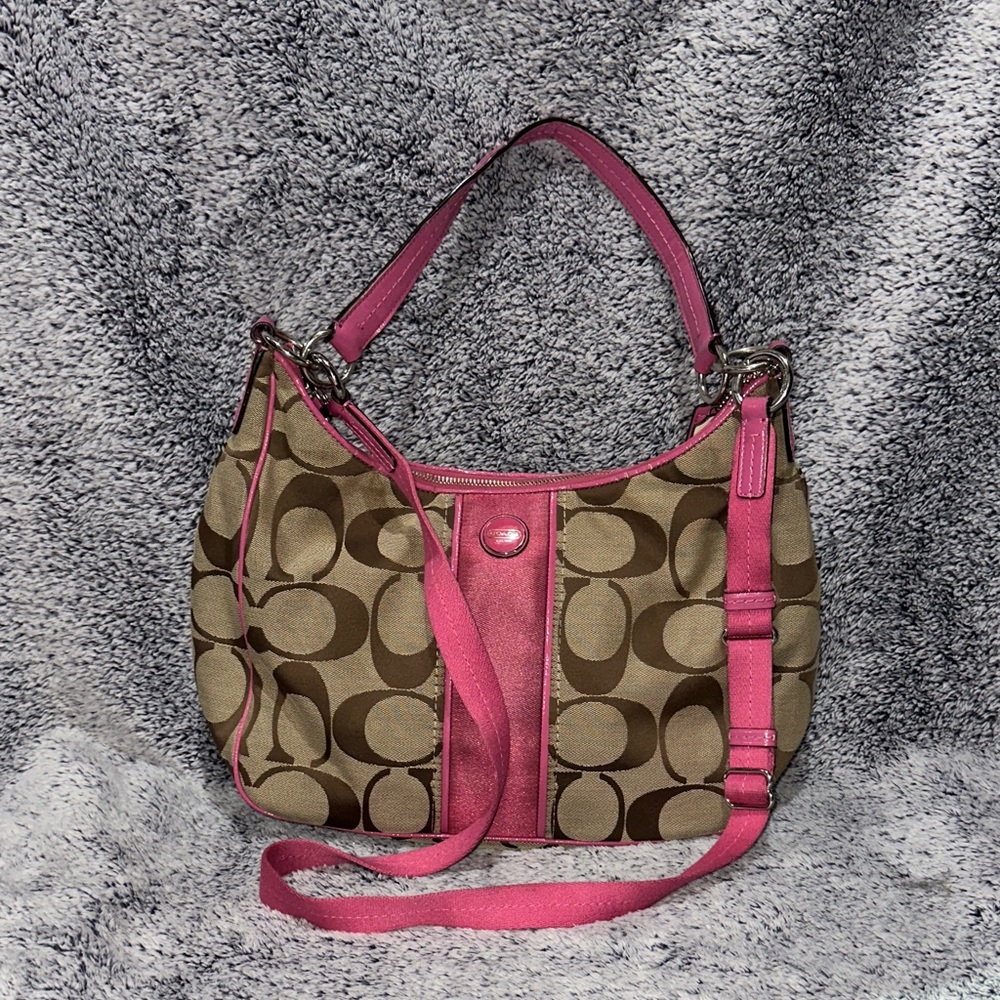 Coach Pink and Brown Signature Shoulder Bag